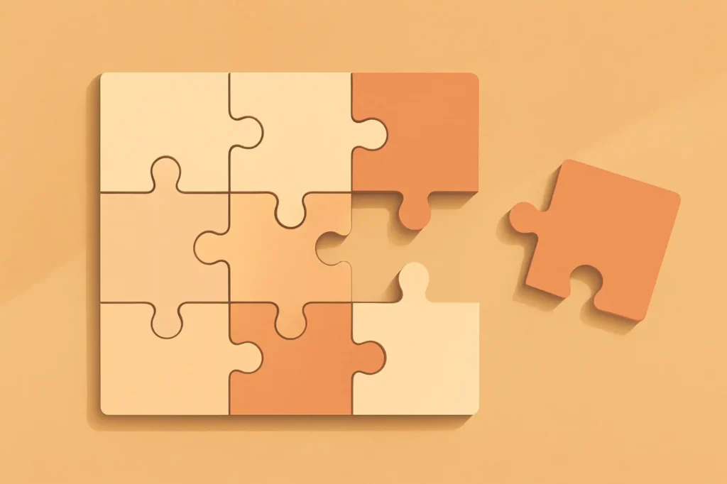 Illustrazione dall'alto di un puzzle parzialmente assemblato con pezzi classici, che simboleggia l'organizzazione dello spazio di lavoro su una food bike.